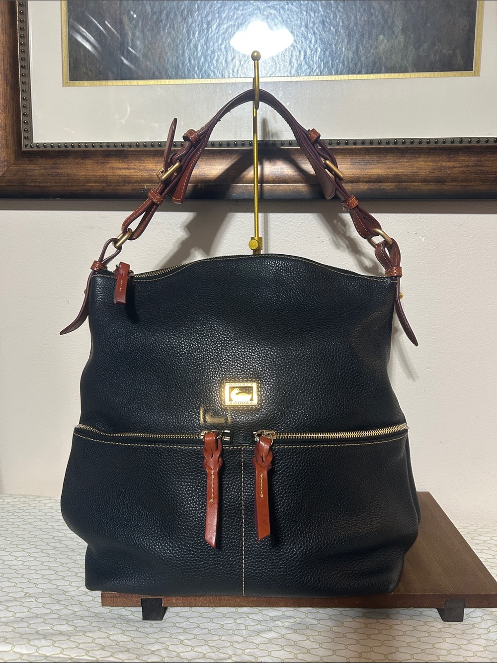 Dooney & Bourke Black Leather Hobo with Brown Trim